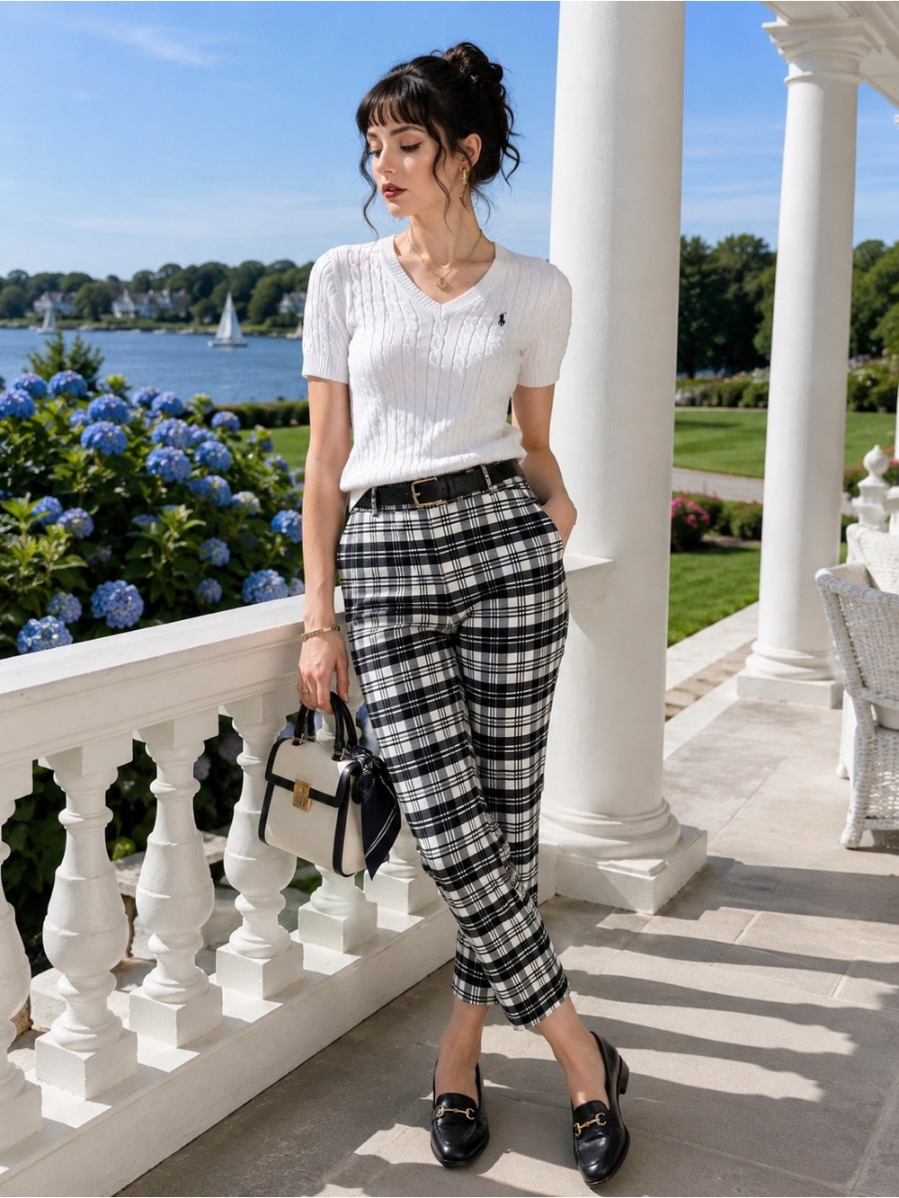 Talbots Petites Plaid Ankle Pants OP Black White Stretch Slim Career NWT Preppy